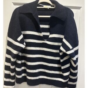 Boden Navy and White Striped V-Neck Collar Sweater